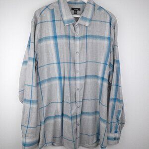 Alfani Button Up Shirt Mens XXL Gray Blue Plaid Long Sleeve Casual
